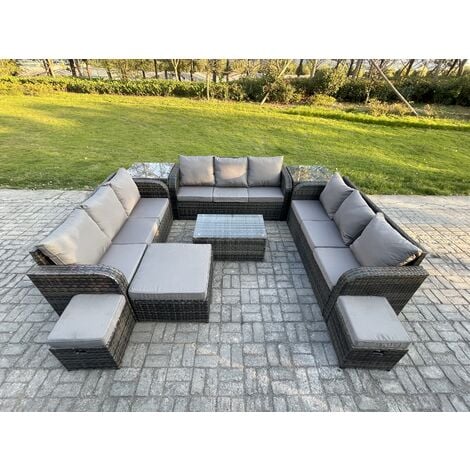 Fimous Rattan Lounge Sofa Set 12 Seater Outdoor Garden Furniture Set with Rectangular Coffee Table 3 Seater Sofa 2 Side Tables 3 Footstools Dark Grey Mixed