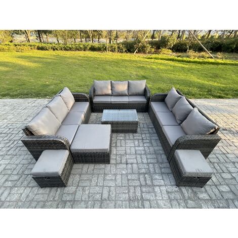 Fimous Rattan Lounge Sofa Set 12 Seater Outdoor Garden Furniture Set with Rectangular Coffee Table 3 Seater Sofa 3 Footstools Dark Grey Mixed