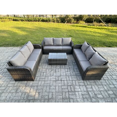 Fimous Rattan Lounge Sofa Set 9-Sitzer Gartenmöbel-Set mit Rechteckiger Couchtisch 3-Sitzer Sofa Dunkelgrau Gemischt
