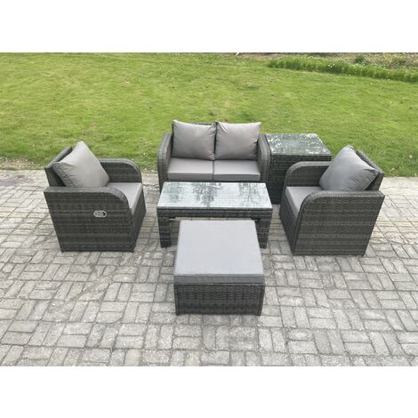 Fimous Rattan Lounge Sofa Set Outdoor Garden Furniture Set with Rectangular Coffee Table Big Footstool Love Sofa Side Table Dark Grey Mixed