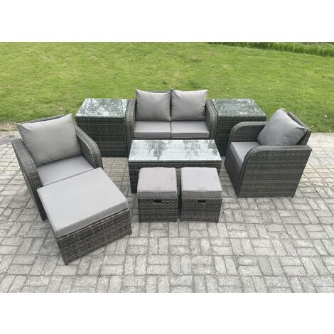 Fimous Rattan Lounge Sofa Set Outdoor Garden Furniture Set with Rectangular Coffee Table Love Sofa 2 Side Tables 3 Footstools Dark Grey Mixed