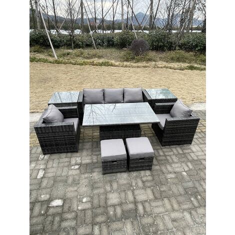 Fimous Rattan Meubles De Jardin Table À Manger Réglable Canapé Set De Chaises 2 Tables Basses Avec 2 Tabourets