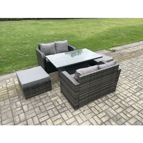 Fimous Rattan Möbel Garten Essgarnitur Höhenverstellbarer steigender Hubtisch Liebe Sofa Satz mit 2 großem Fußhocker Dunkelgrau Gemischt
