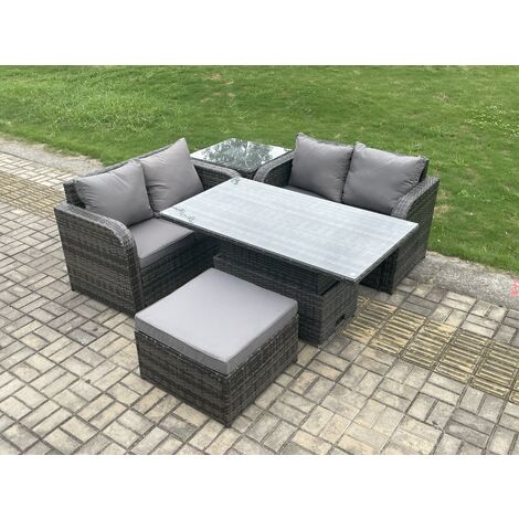 Fimous Rattan Möbel Garten Essgarnitur Höhenverstellbarer steigender Hubtisch Liebe Sofa Satz mit Beistelltisch Großer Fußhocker Dunkelgrau Gemischt