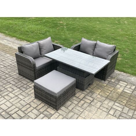 Fimous Rattan Möbel Garten Essgarnitur Höhenverstellbarer steigender Hubtisch Liebe Sofa Satz mit großem Fußhocker Dunkelgrau Gemischt