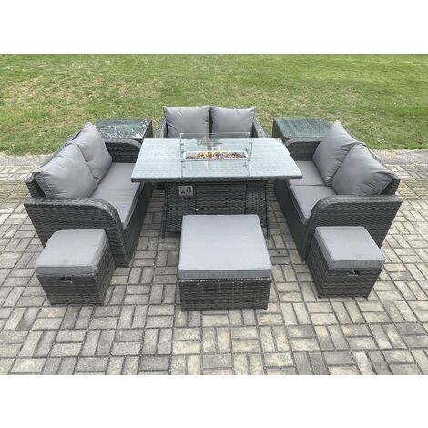 Fimous Rattan Möbel Garten Essset Gas Feuer Pit Tisch mit 2 Beistelltischen Liebe Sofa 3 Fußhocker Dunkelgrau Gemischt