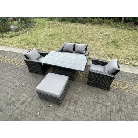 Fimous Rattan Outdoor Furniture Adjustable Rising Lifting Rectangle Dining Table Chairs Two Seater Love Sofa Sets Big Footstools 5 Seater