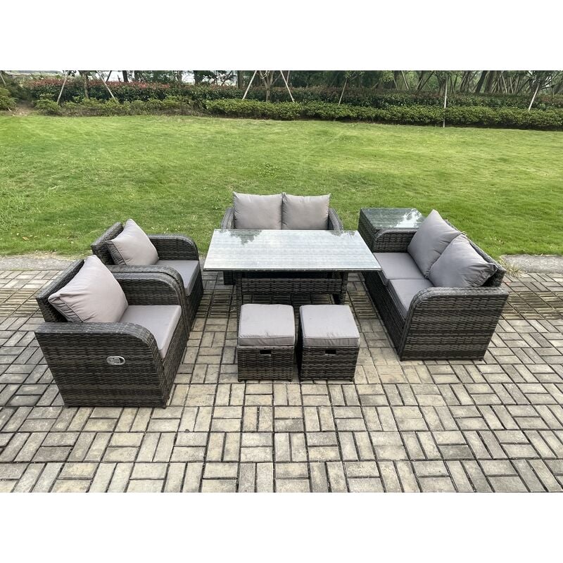 Fimous Rattan Outdoor Furniture Garden Dining Set Rectangular Table and Chair Sofa Set With Side Table 2 Small Footstools Dark Grey Mixed