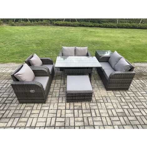 Fimous Rattan Outdoor Furniture Garden Dining Set Rectangular Table and Chair Sofa Set With Side Table Big Footstool Dark Grey Mixed