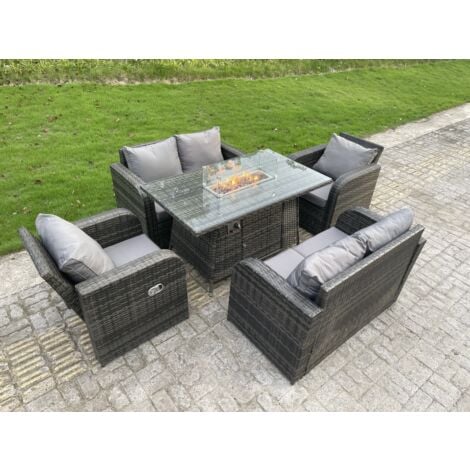 Fimous Rattan Outdoor Furniture Gas Fire Pit Rectangle Dining Table Gas Heater Adjustable Reclining Chairs Love Sofa Sets 6 Seater