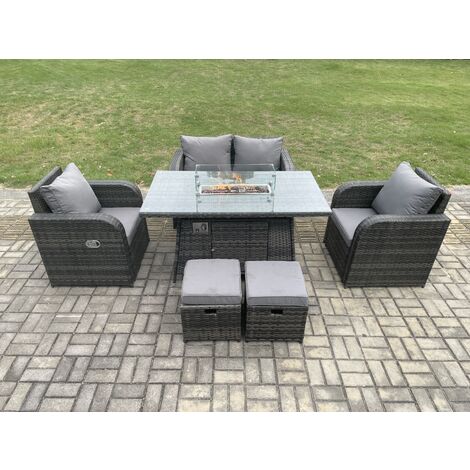 Fimous Rattan Outdoor Garden Furniture Sofa Set Gas Fire Pit Dining Table Gas Heater with Love Sofa 2 Small Footstool Dark Grey Mixed