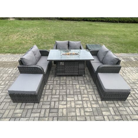 Fimous Rattan Outdoor Garden Furniture Sofa Set Gas Fire Pit Dining Table Gas Heater with Side Table Love Sofa 2 Big Footstool Dark Grey Mixed