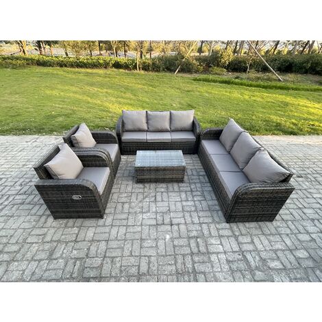 Fimous Rattan Outdoor Garden Furniture Sofa Set Patio Table & Chairs Set with 3 Seater Sofa Reclining Chair Dark Grey Mixed