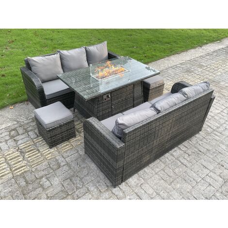 Fimous Rattan Outdoor Gartenmöbel Gas Feuerstelle Esstisch Sets 3-Sitzer Lounge Sofa Kleine Hocker Sets 8 Sitzer