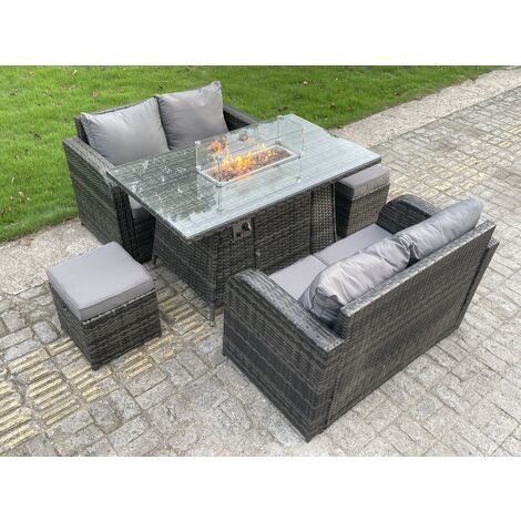 Fimous Rattan Outdoor Gartenmöbel Gas Feuerstelle Esstisch Sets Gasheizung Love Sofa Kleine Hocker Sets 6 Sitzer