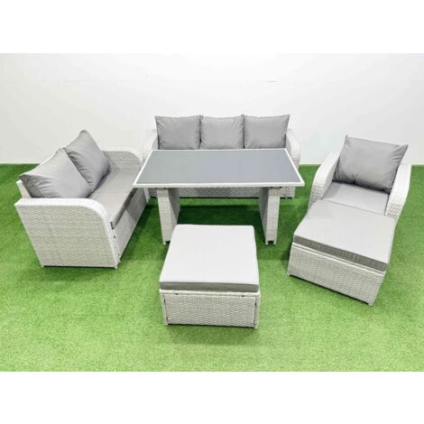 Fimous Rattan Outdoor Table Reclining Chair Sofa Set with 2 Big Stools Light Grey 8 Seater