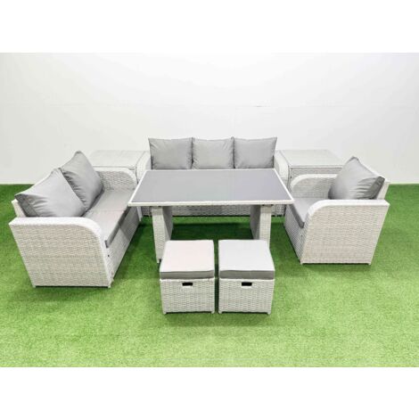 Fimous Rattan Outdoor Table Reclining Chair Sofa Set with 2 Side Tables 2 Small Stools Light Grey 8 Seater
