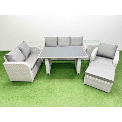 Fimous Rattan Outdoor Table Reclining Chair Sofa Set with 2 Side Tables Big Stool Light Grey 7 Seater