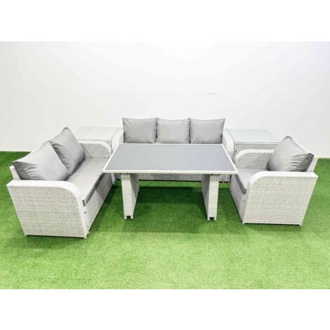 Fimous Rattan Outdoor Table Reclining Chair Sofa Set with 2 Side Tables Light Grey 6 Seater