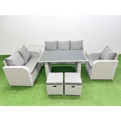 Fimous Rattan Outdoor Table Reclining Chair Sofa Set with Side Table 2 Small Stools Light Grey 8 Seater