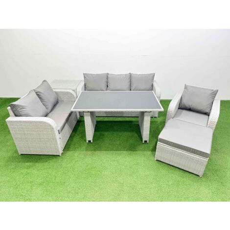 Fimous Rattan Outdoor Table Reclining Chair Sofa Set with Side Table Big Stool Light Grey 7 Seater