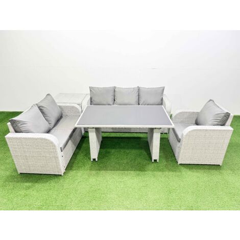 Fimous Rattan Outdoor Table Reclining Chair Sofa Set with Side Table Light Grey 6 Seater