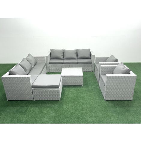 Fimous Rattan Sofa Gartenmöbel Set mit 2 Sesseln Quadratischer Couchtisch 2 Großer Hockern Hellgrau gemischt