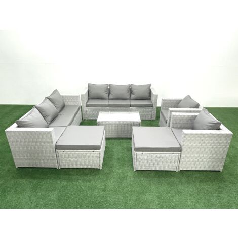 Fimous Rattan Sofa Gartenmöbel Set mit 2 Sesseln Rechteckiger Couchtisch 2 hohen Hockern Hellgrau gemischt