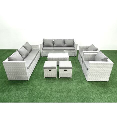 Fimous Rattan Sofa Gartenmöbel Set mit 2 Sesseln Rechteckiger Couchtisch 2 kleine Fußhockern Hellgrau gemischt