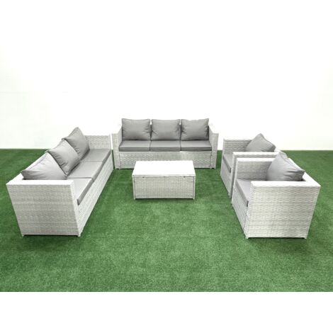 Fimous Rattan Sofa Gartenmöbel Set mit 2 Sesseln Rechteckiger Couchtisch Hellgrau gemischt