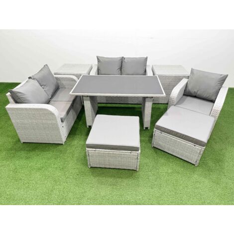 Fimous Rattan Sofa Outdoor Furniture with Dining Table,2 Side Tables,Love Sofa,2 Big Stools Patio Furniture Light Grey 7 Seater