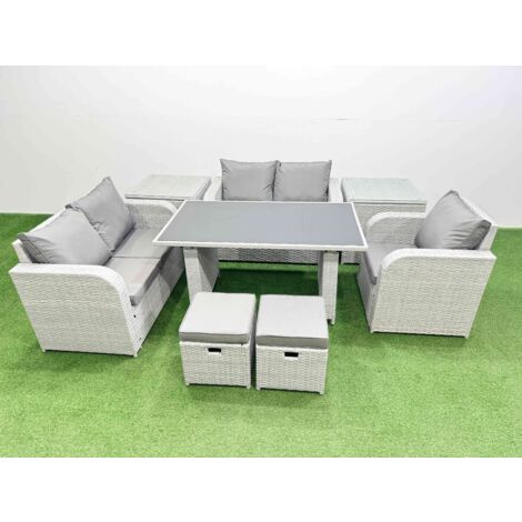 Fimous Rattan Sofa Outdoor Furniture with Dining Table,2 Side Tables,Love Sofa,2 Small Stools Patio Furniture Light Grey 7 Seater