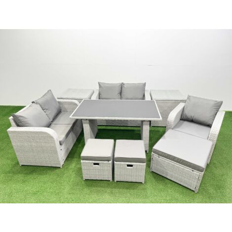 Fimous Rattan Sofa Outdoor Furniture with Dining Table,2 Side Tables,Love Sofa,3 Stools Patio Furniture Light Grey 8 Seater