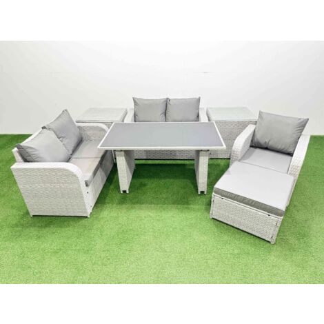 Fimous Rattan Sofa Outdoor Furniture with Dining Table,2 Side Tables,Love Sofa,Big Stool Patio Furniture Light Grey 6 Seater