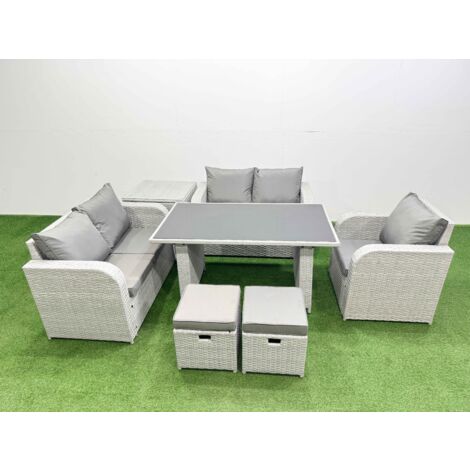 Fimous Rattan Sofa Outdoor Furniture with Dining Table,Side Table,Love Sofa,2 Small Stools Patio Furniture Light Grey 7 Seater