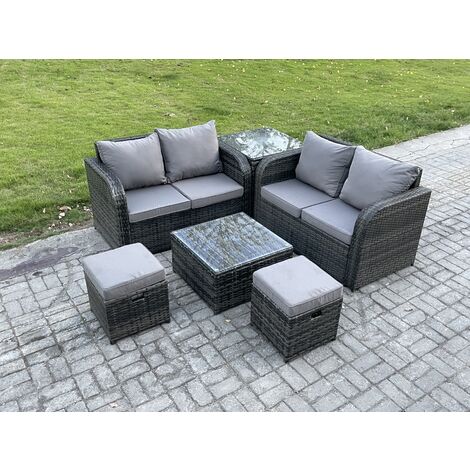 Fimous Rattan Sofa Set Outdoor Garden Furniture Set with Square Coffee Table Loveseat Sofa 2 Small Footstool Side Table Dark Grey Mixed