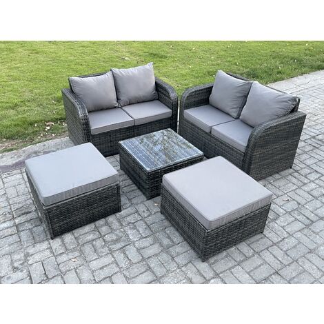 Fimous Rattan Sofa Set Outdoor Gartenmöbel Set mit quadratischem Couchtisch Loveseat Sofa 2 Big Foothocker Dunkelgrau Gemischt