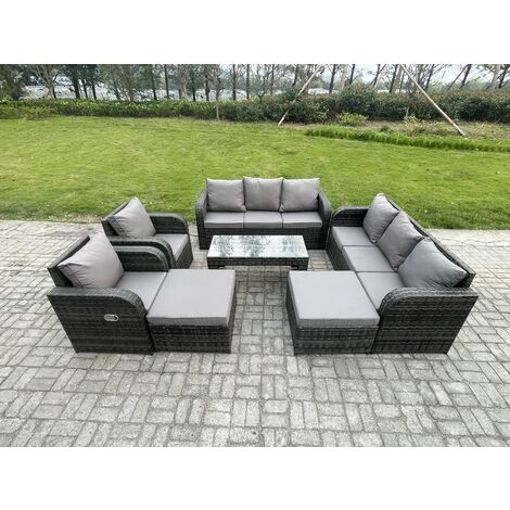 Fimous Rattan Wicker Garden Furniture Patio Conservatory Sofa Set with Rectangular Coffee Table Reclining Chair 2 Big Footstool
