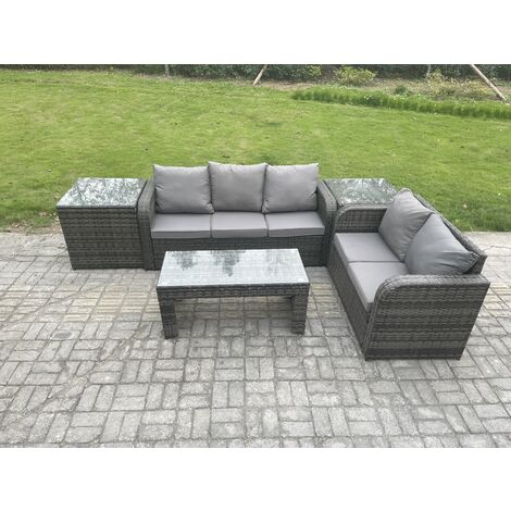 Fimous Rattan Wicker Garden Furniture Patio Conservatory Sofa Set with Rectangular Coffee Table Reclining Chair 2 Side Tables