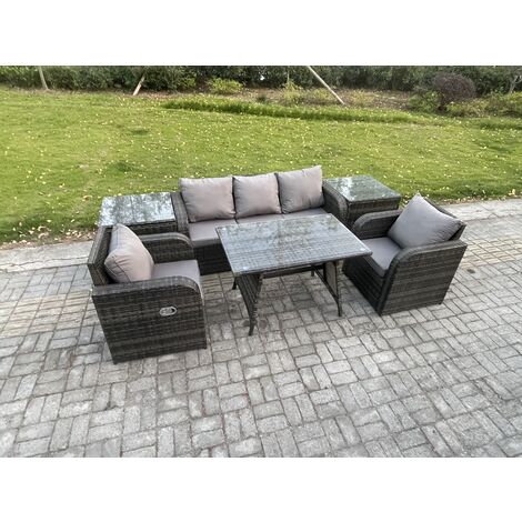 Fimous Rattan Wicker Garden Furniture Patio Conservatory Sofa Set with Rectangular Dining Table Reclining Chair 3 Seater Sofa 2 Side Tables
