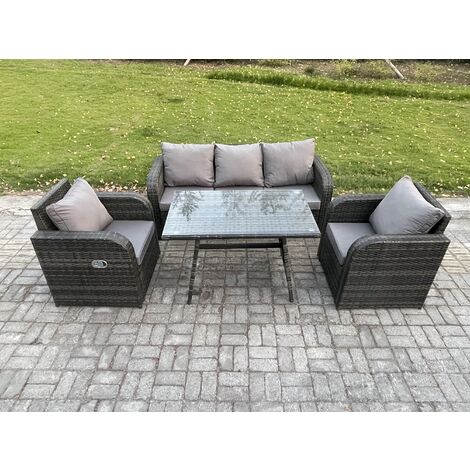 Fimous Rattan Wicker Garden Furniture Patio Conservatory Sofa Set with Rectangular Dining Table Reclining Chair 3 Seater Sofa