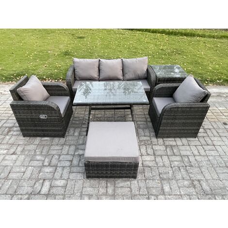 Fimous Rattan Wicker Garden Furniture Patio Conservatory Sofa Set with Rectangular Dining Table Reclining Chair 3 Seater Sofa Big Footstool Side Table