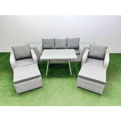 Fimous Reclining Chair 3 Seat Sofa Set Garden Furniture Set with Rectangular Dining Table 2 Side Tables 2 Big Footstools Light Grey
