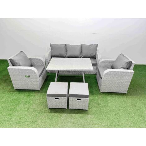 Fimous Reclining Chair 3 Seat Sofa Set Garden Furniture Set with Rectangular Dining Table 2 Small Footstools Light Grey