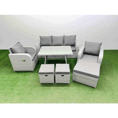 Fimous Reclining Chair 3 Seat Sofa Set Garden Furniture Set with Rectangular Dining Table 3 Footstools Light Grey