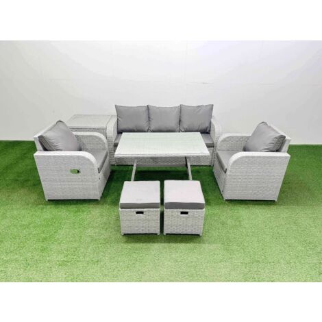 Fimous Reclining Chair 3 Seat Sofa Set Garden Furniture Set with Rectangular Dining Table Side Table 2 Small Footstools Light Grey
