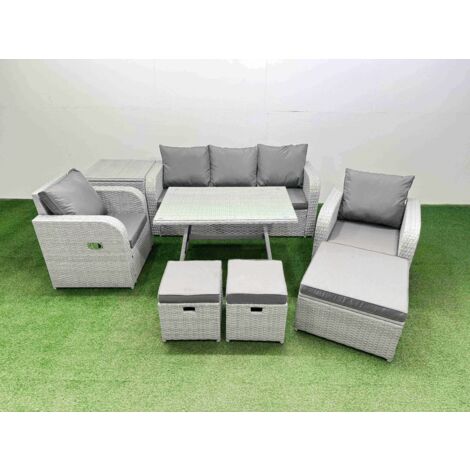 Fimous Reclining Chair 3 Seat Sofa Set Garden Furniture Set with Rectangular Dining Table Side Table 3 Footstools Light Grey