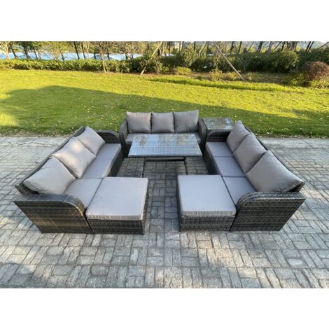Fimous Salon de jardin 11 places Ensemble de canapés en rotin avec Table d'appoint Table à manger rectangulaire 2 Grand tabourets Gris foncé mixte