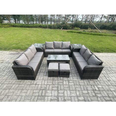Fimous Salon de jardin 11 places Meubles de jardin avec Table basse 2 Petits tabourets 2 Tables d'appoint Gris foncé mixte
