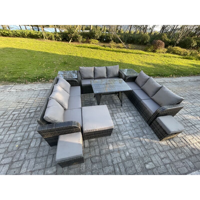Salon de jardin 12 places Ensemble de canapés en rotin avec 2 Tables d'appoint Table à manger rectangulaire 3 Tabourets Gris foncé mixte - Fimous